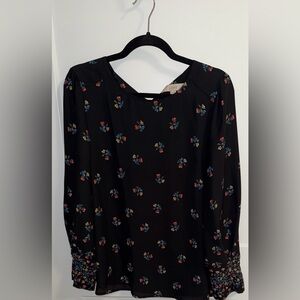 LOFT Black Floral Long-Sleeve Blouse with Red and Blue Accents